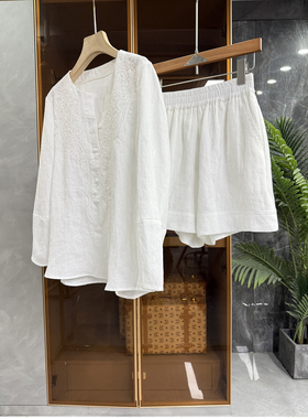 大工厂外M单！宽松刺绣亚麻长袖上衣+短裤套装女    D25113~ME