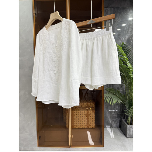 宽松刺绣亚麻长袖上衣+短裤套装