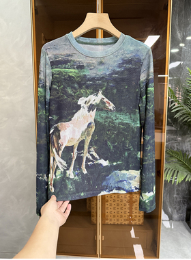 N货！清凉透气一jue！印花骏马圆领长袖修身T恤女   D80561~ME