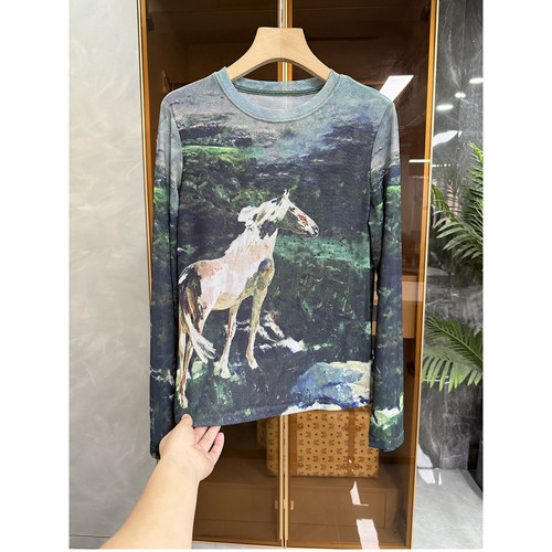 N货！印花骏马圆领长袖修身T恤