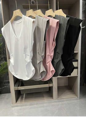 清仓！N@3修身显瘦！V领收褶丝光棉短袖T恤女    M01796