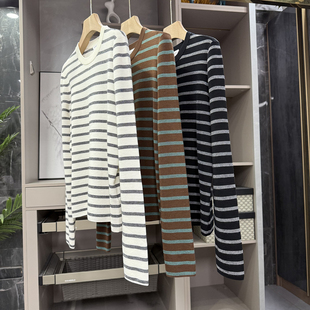 M3006 针织T恤女 18针美丽诺羊毛条纹圆领长袖 闭眼shou