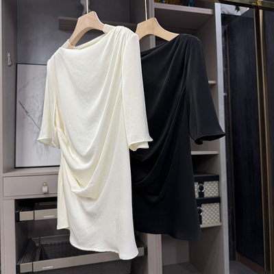 大N货！压褶醋酸一字领短袖上衣