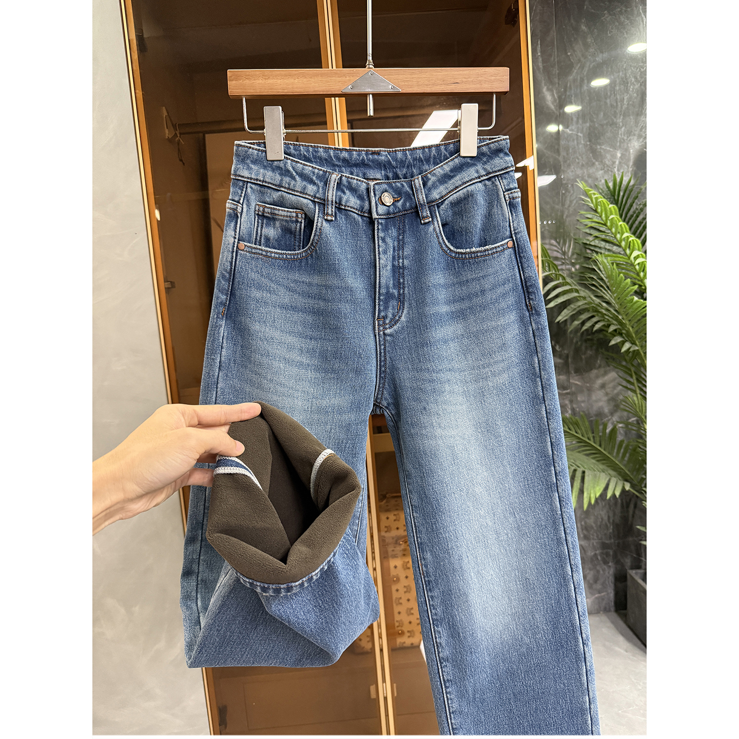 N货！微弹加绒中高腰牛仔直筒裤