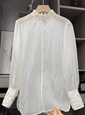 代厂P牌料！真丝提花欧根纱木耳立领长袖衬衫上衣女    301116~ZY