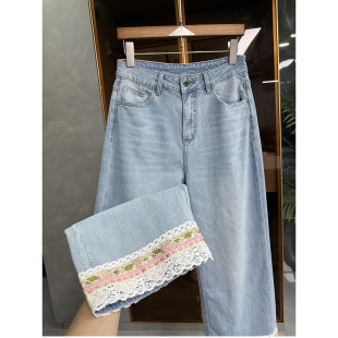 D88350 女 重工洗水高腰牛仔花边直筒九分裤 工厂外M订单