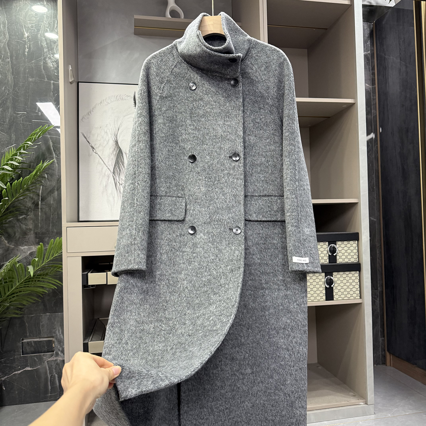 宽松羊绒羊毛毛呢立领双排扣大衣