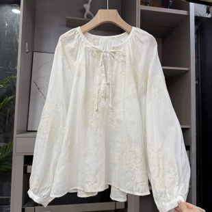 AE0561 法式 上衣女 宽松苎麻刺绣半开扣圆领衬衫 风yuan单