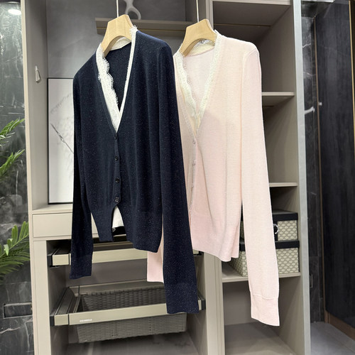 假两件银丝羊毛V领长袖针织衫