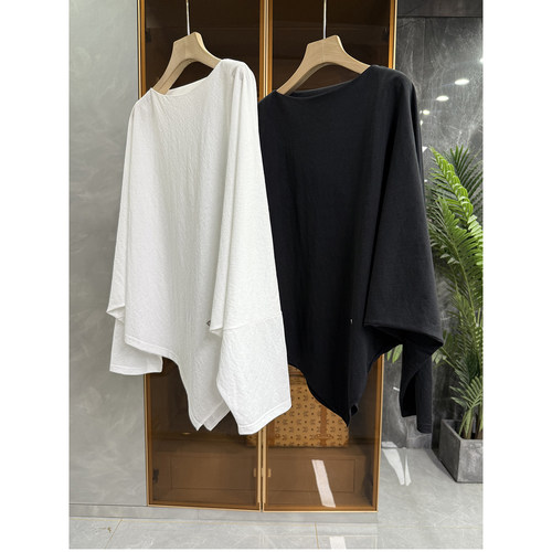 N货不规则蝙蝠衫一字领长袖棉T恤