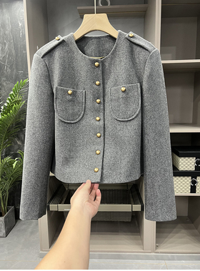 清仓不予退换#4!M@3好芜敌显气质！双面呢贴袋羊毛短外套女36122