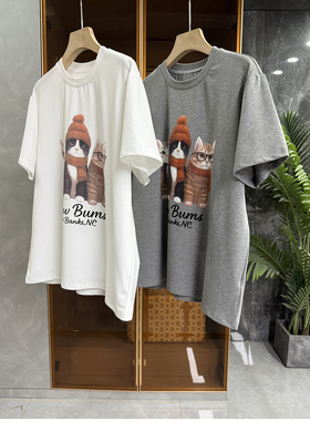 实力大厂品质！宽松磨毛小猫印花圆领短袖棉T恤女   M02398~ME