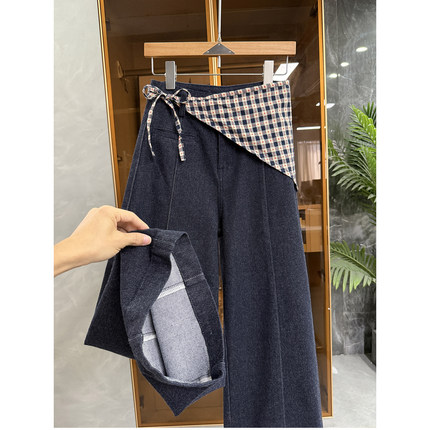 时髦女孩都在穿！微弹羊毛中高腰屁帘牛仔阔腿裤女   M339925~JS