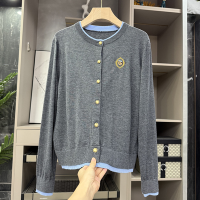 法式！撞色羊毛圆领长袖针织开衫