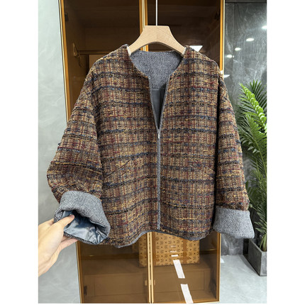 法柜！高ji感秘籍！宽松格子粗花呢绵羊毛圆领外套女   738147~JS