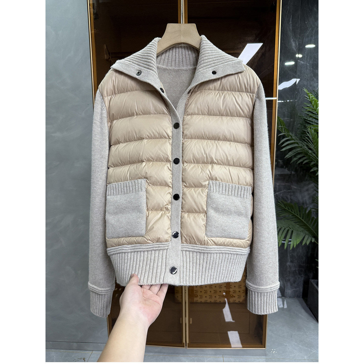 拼接羊绒针织白鹅绒羽绒服外套
