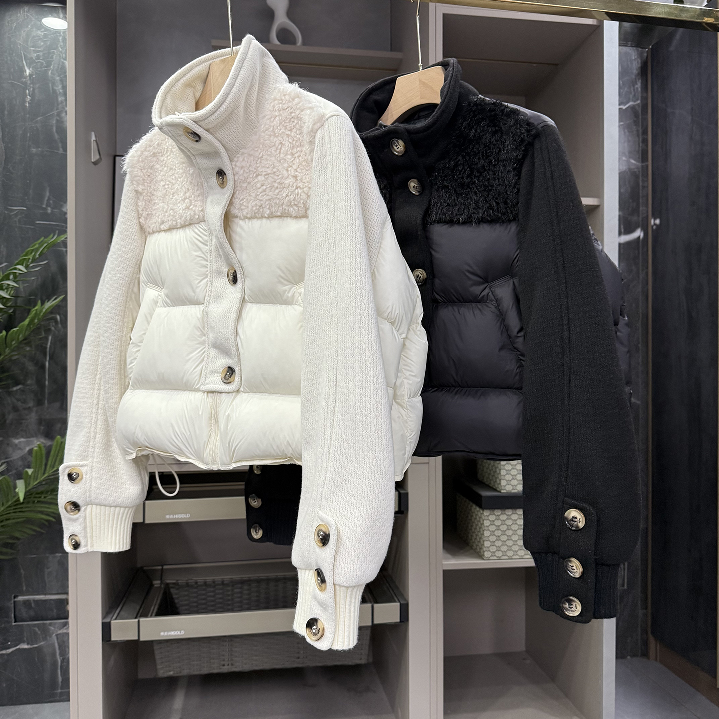 宽松立领鸭绒羽绒服拼接针织外套