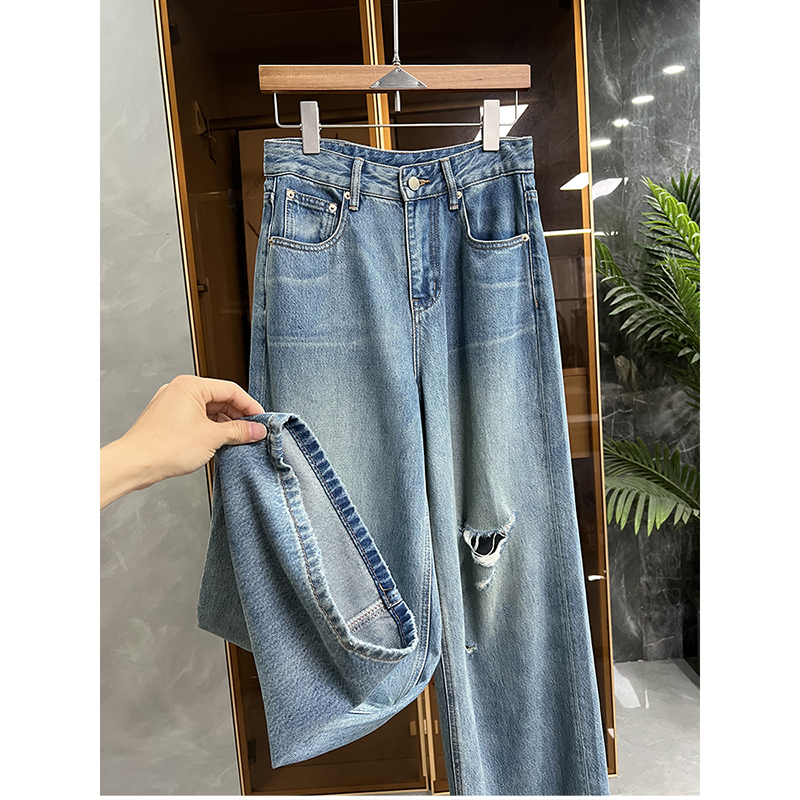 高个子收！料！破洞莱赛尔中高腰牛仔直筒阔腿裤女  67566~JS