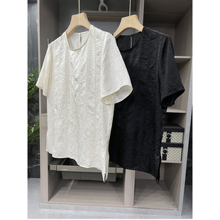 上衣女T2504 真丝花罗对丝圆领短袖 牌新中式 清仓不予退换