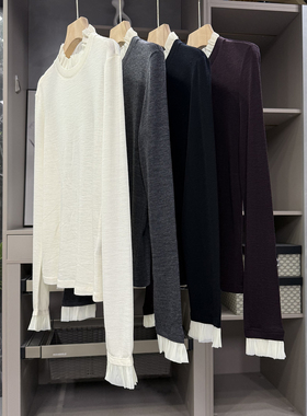 即舒适又优雅！拼接木耳边立领长袖羊毛针织打底衫女  761203~ZY