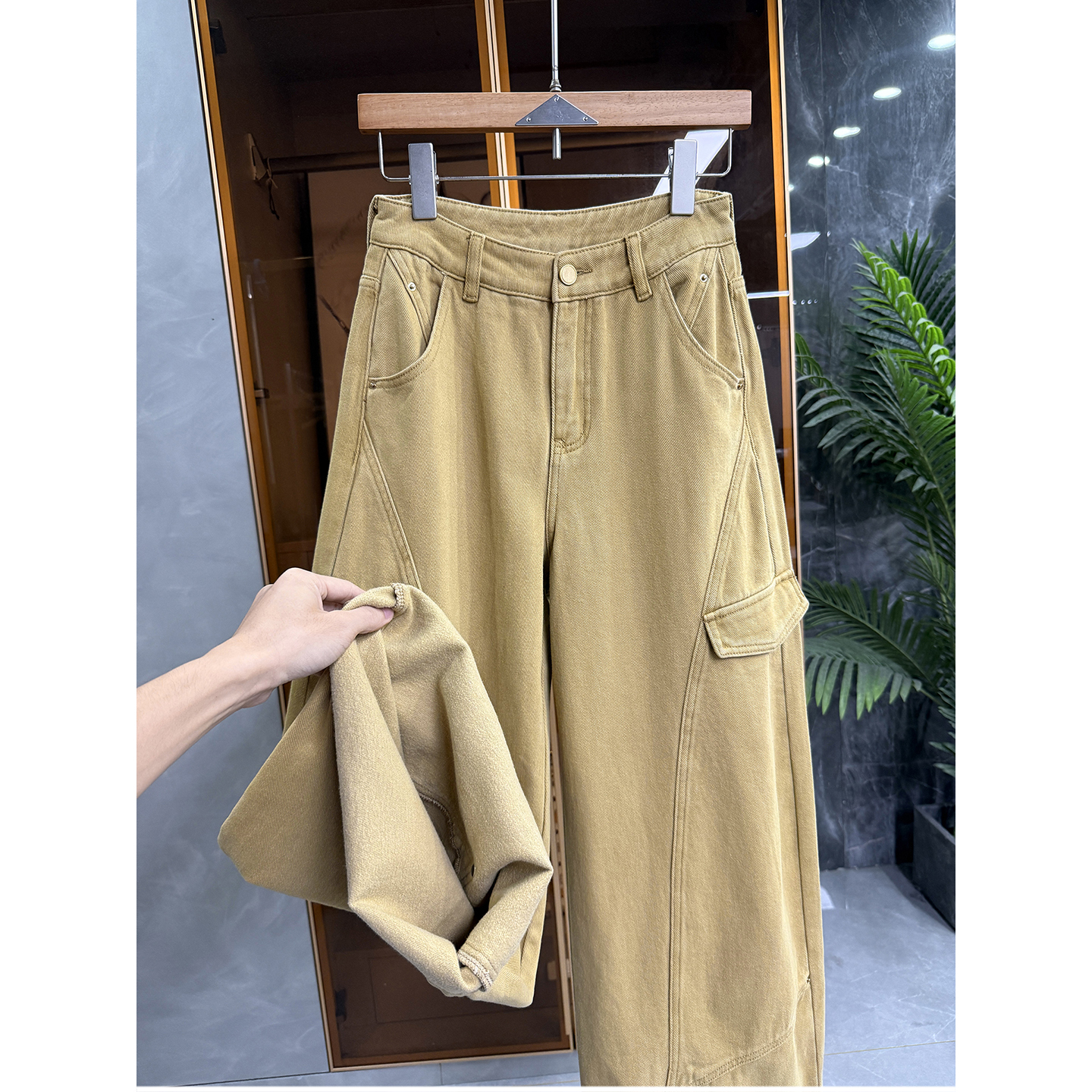 N货！磨毛中高腰工装牛仔阔腿裤