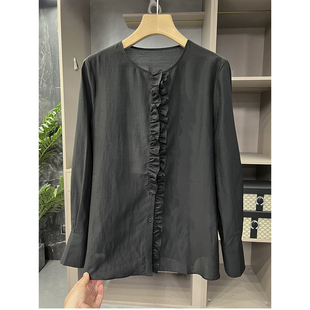 墙推！优雅法式！天丝木耳边圆领长袖衬衫上衣女   795A083~ME