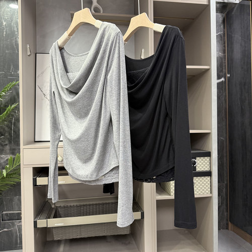 大厂出！拼蕾丝荡领长袖上衣