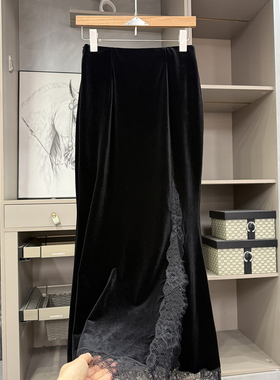 美出片的氛围感单品！拼接蕾丝丝绒包臀鱼尾半身裙女  168806~ZY