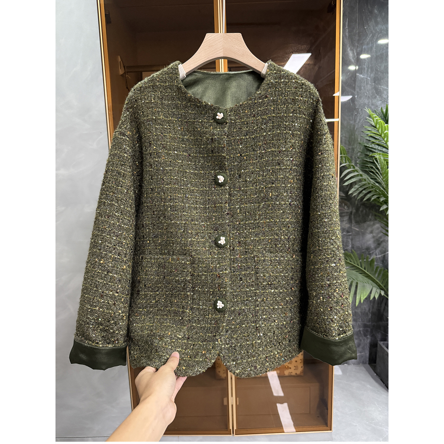 法柜！宽松羊毛粗花呢圆领外套