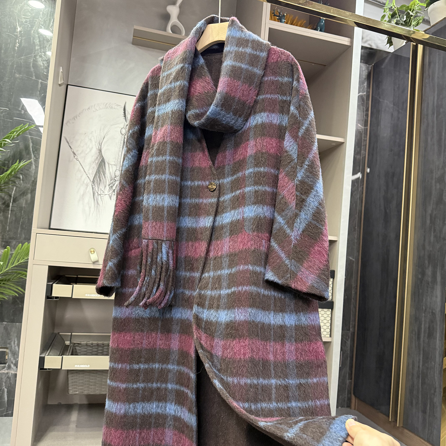 代工厂柜款尖货！宽松格子羊毛双面呢围巾大衣外套女  AE01151~ZY