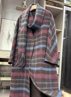 清仓不予退换！！宽松格子羊毛双面呢围巾大衣外套女AE01151~ZY