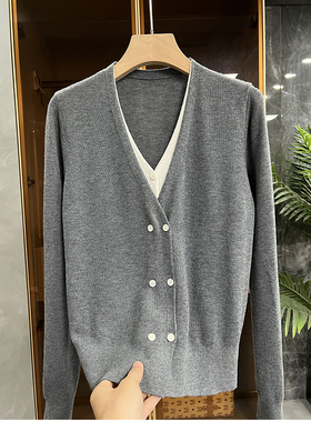 清仓不退#B穿都气质！假两件双扣绵羊毛针织开衫上衣女   51A142