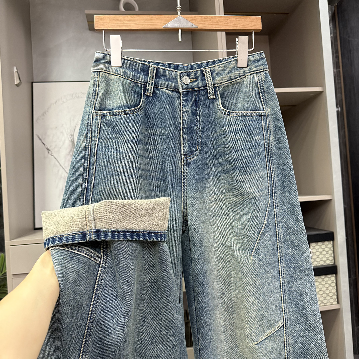 N货！做旧磨毛中高腰牛仔镰刀裤