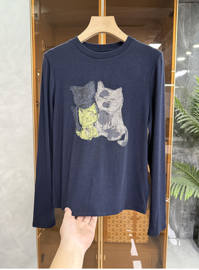 N货！wu敌好穿！通勤印花猫咪圆领长袖棉T恤打底衫女    R9809~ME