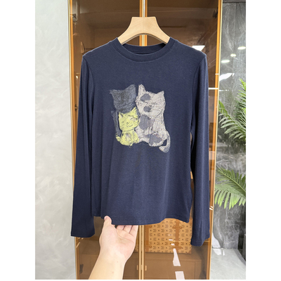 N货印花猫咪圆领长袖棉T恤打底衫