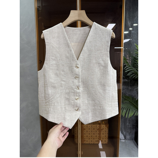 D25225 大Q货 短马甲女 刺绣天丝亚麻V领西装 老钱风高ji感