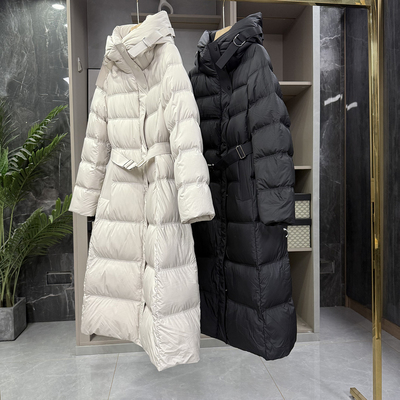 中长款连帽白鸭绒羽绒服大衣外套