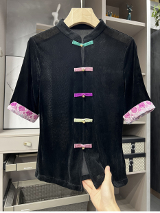 盘扣短袖 植绒 中式 上衣女25105 修身 清仓不予退换