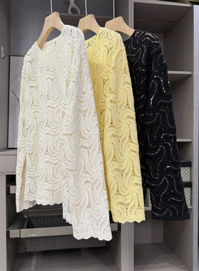 设计师款！宽松镂空水溶花亮片圆领长袖针织衫上衣女  166018~ZY