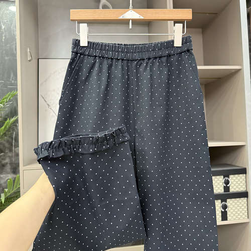 木耳边波点松紧腰休闲直筒九分裤