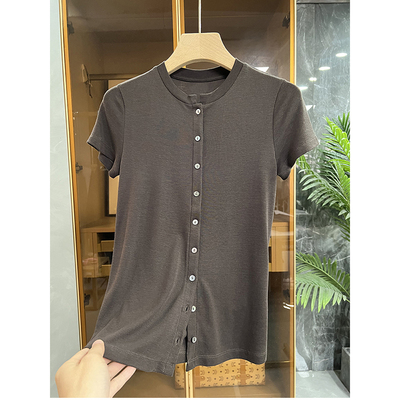 天丝羊毛圆领短袖针织开衫上衣