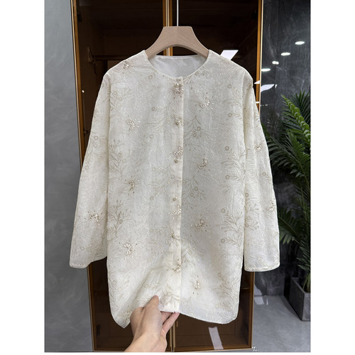 重工刺绣真丝欧根纱圆领长袖上衣
