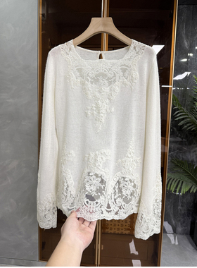 yuan厂出P牌款！蕾丝花边羊绒圆领针织衫上衣女    D2948~ME