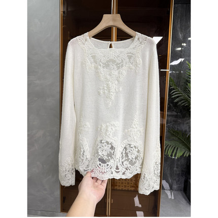 yuan厂出P牌款！蕾丝花边羊绒圆领针织衫上衣女    D2948~ME