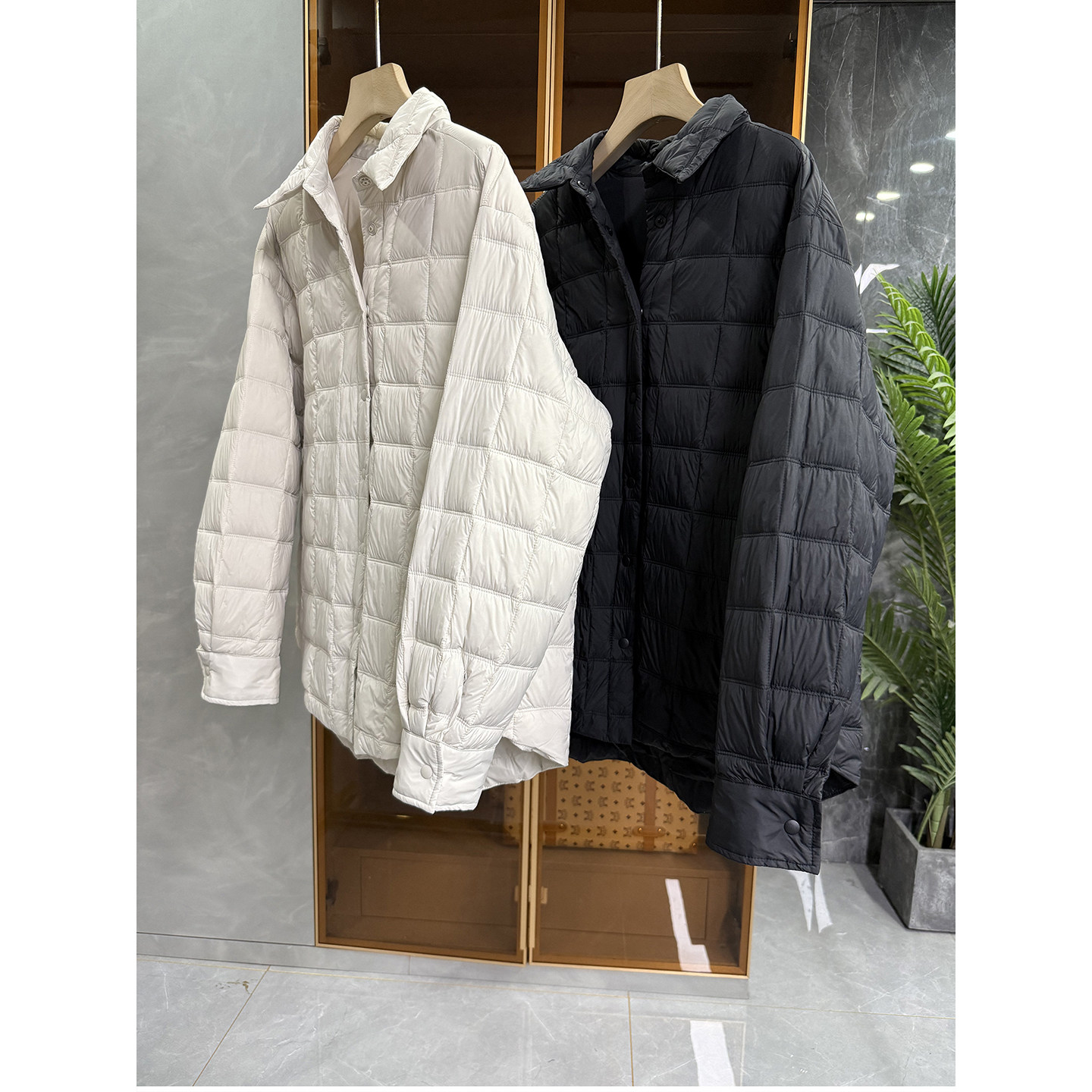 宽松格子白鸭绒羽绒服衬衫外套