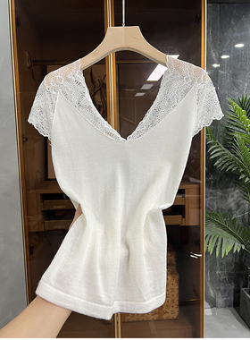 给你不一样的穿着体验！拼接蕾丝羊毛针织V领短袖上衣女 08776~JS