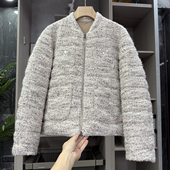 734501 莼尾法柜 宽松花纱羊毛亮片鹅绒羽绒服圆领短外套女