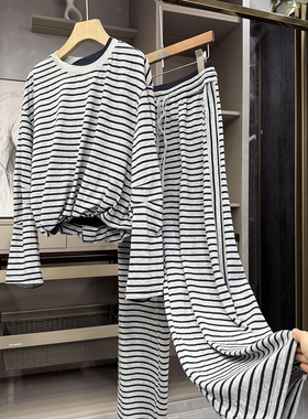 qiang疯了外D！宽松条纹长袖棉T恤+休闲长裤套装女  HT5020~ZY