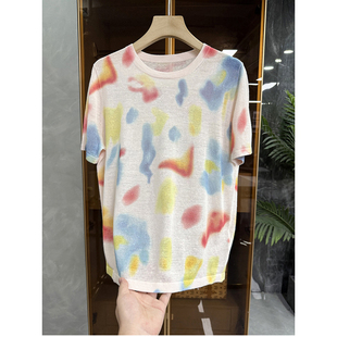 上衣女B2672 彩虹印花针织麻圆领短袖 脱 清仓不予退换