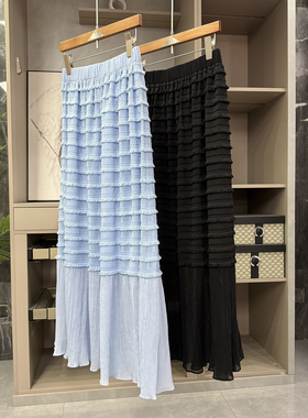 温柔到心尖上的P牌款！拼接褶皱条纹松紧腰半身裙女  Q6011~ZY